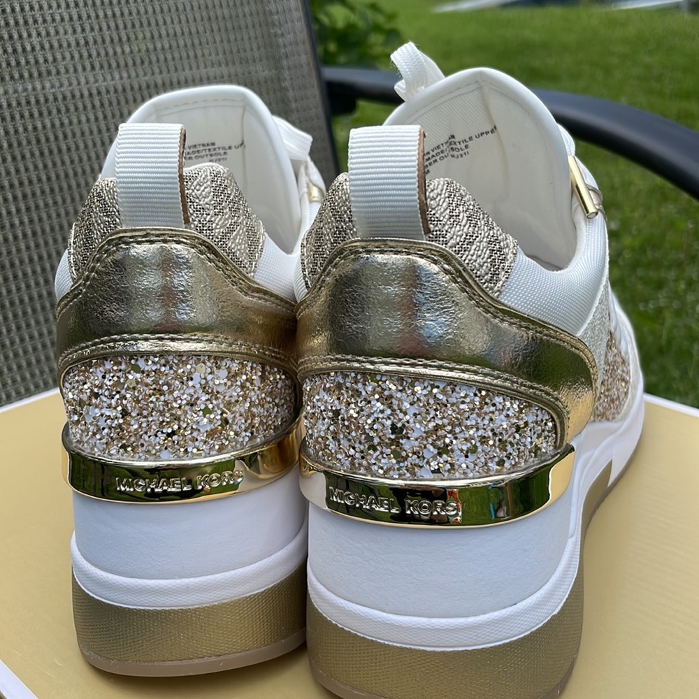 Michael Kors Crysta trainer pale gold chunky glitter wedge shoes sneakers 9.5 - Picture 7 of 10